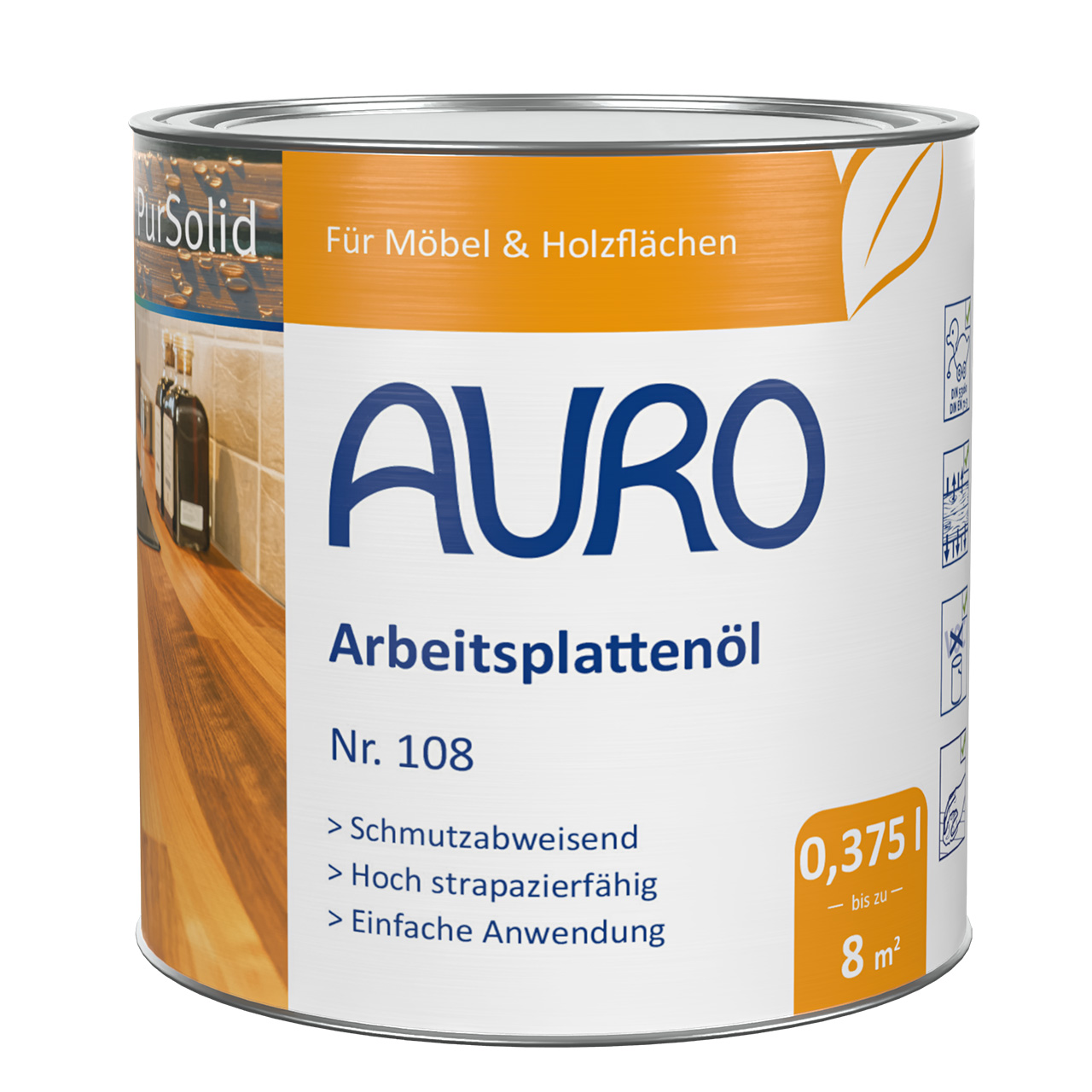 AURO Arbeitsplattenöl Nr. 108 in 0,375 Liter Dose – natürliches Holzöl für Küchenarbeitsplatten aus Massivholz