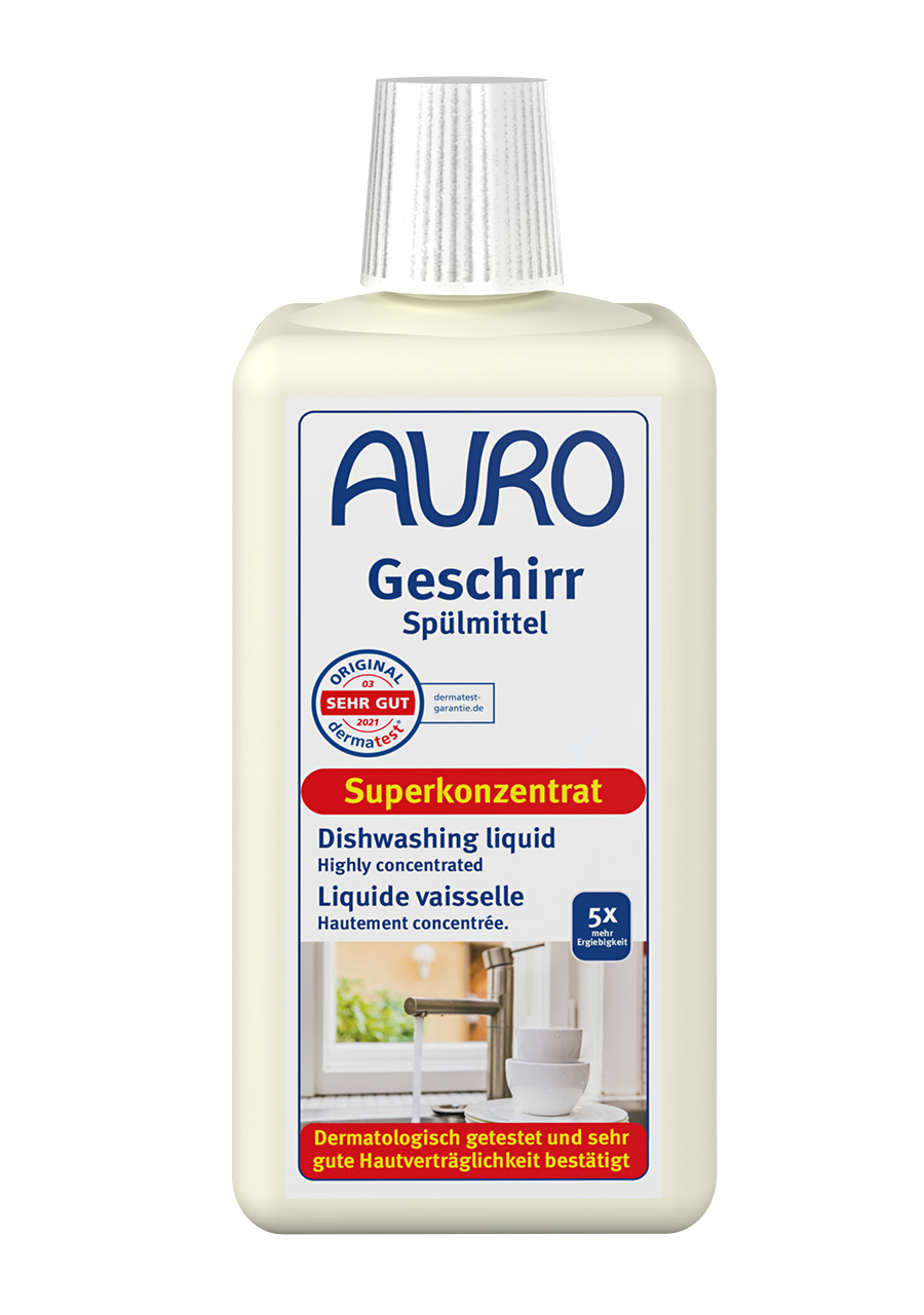AURO Geschirrspülmittel Nr. 473 in der 0,5 Liter Flasche mit Dosieröffnung, ideal zum fettlösenden und hautfreundlichen Spülen.