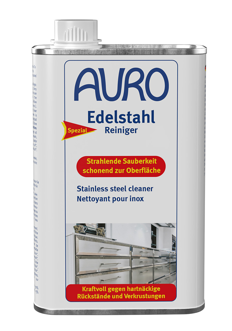 AURO Edelstahl-Reiniger Nr. 663 in 0,5 Liter Blechflasche – kraftvoll gegen Verkrustungen auf Edelstahlflächen.
