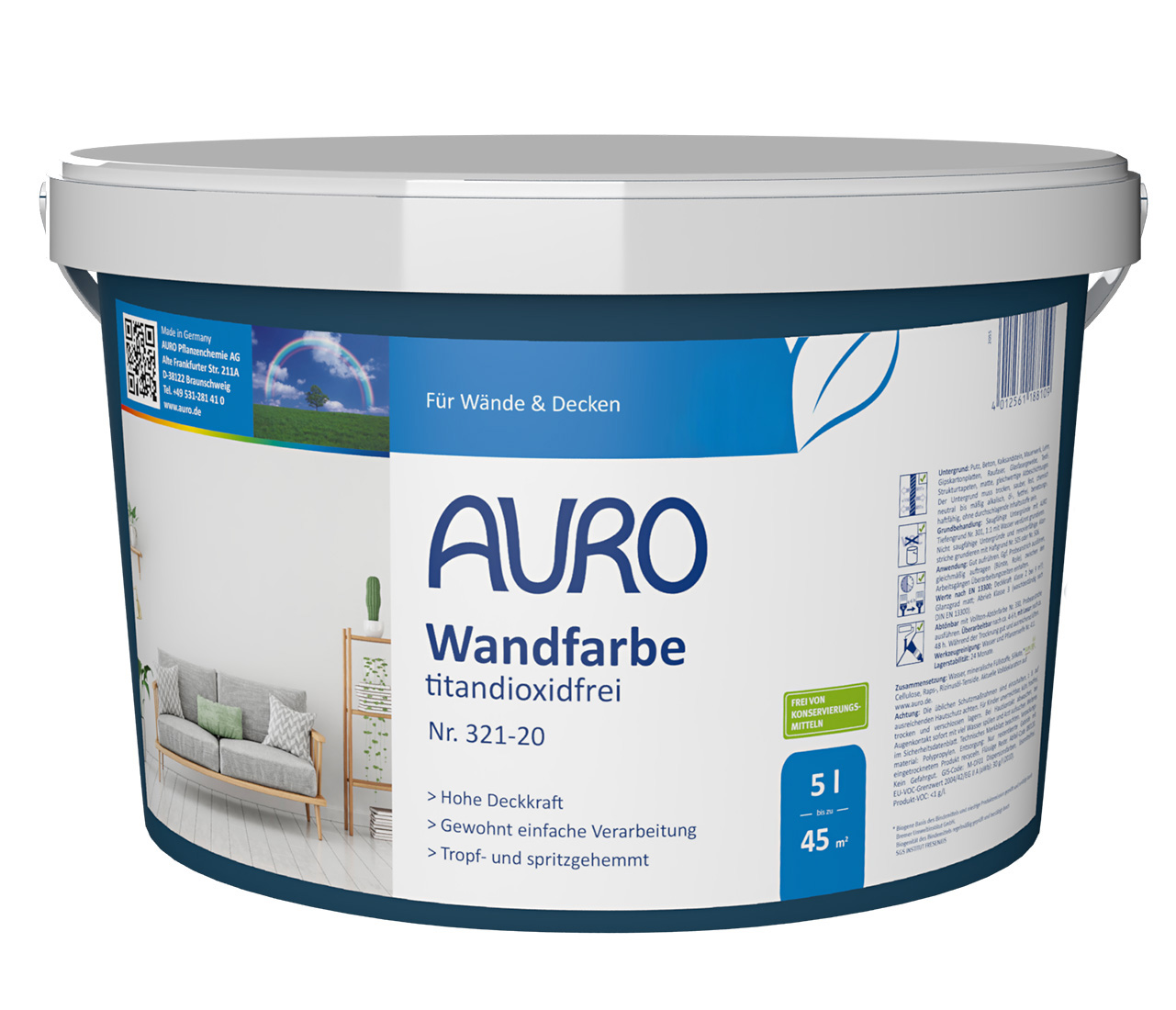 AURO Wandfarbe, titandioxidfrei Nr. 321-20 im 5 Liter Gebinde – konservierungsmittelfrei und tropfarm mit hervorragender Deckkraft.