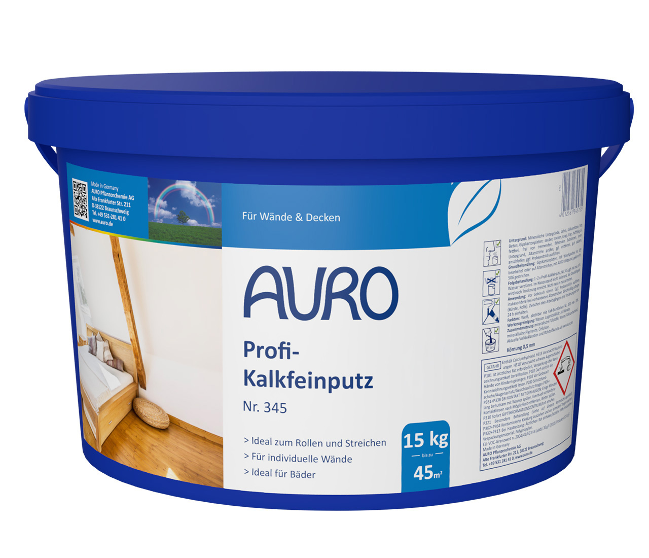 AURO Profi-Kalkfeinputz Nr. 345 im 15 kg Gebinde – geruchsabsorbierender, diffusionsoffener Innenputz mit dekorativer Struktur.