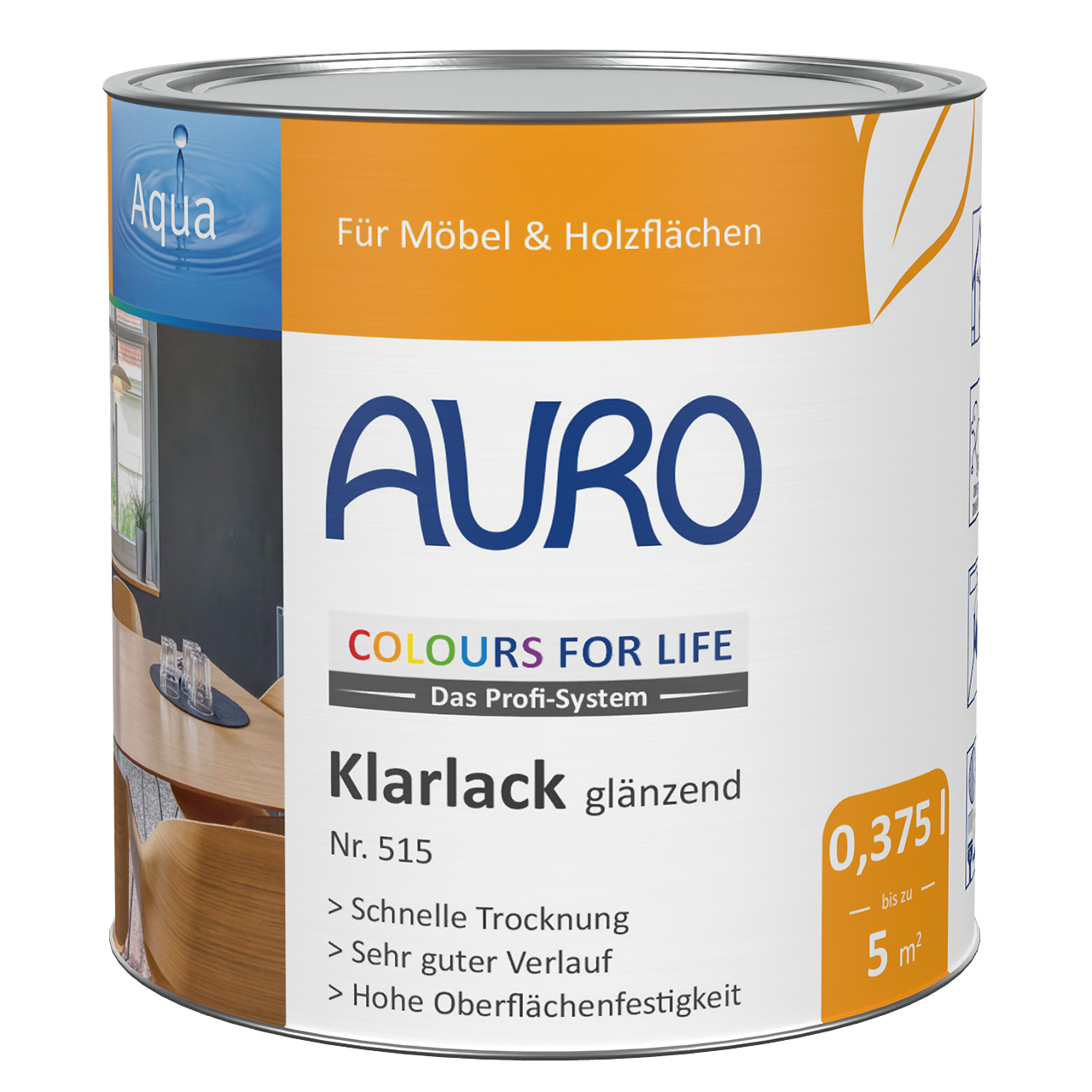 AURO COLOURS FOR LIFE Klarlack, glänzend in 0,375 Liter Dose für innen auf Holz und Holzwerkstoffen