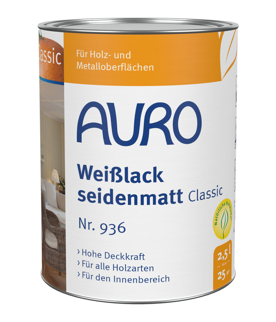 AURO Weißlack, Classic Nr. 936 in seidenmatter Ausführung als 2,5 Liter Dose für Holz- und Metallflächen