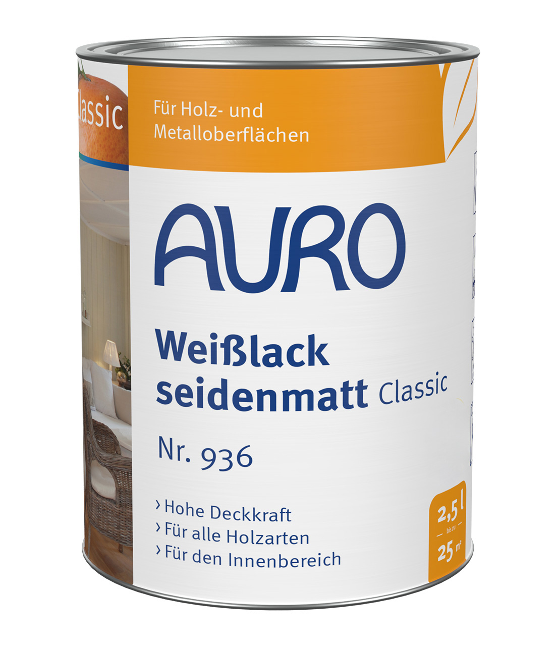 AURO Weißlack, Classic Nr. 936 in seidenmatter Ausführung als 2,5 Liter Dose für Holz- und Metallflächen