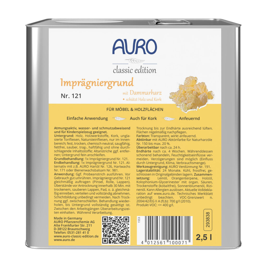 AURO Imprägniergrund Nr. 121 – 2,5 Liter Kanister für Holzbehandlung AURO Imprägniergrund Nr. 121 im 2,5 Liter Kanister – Holzschutz für Kork- und Holzoberflächen