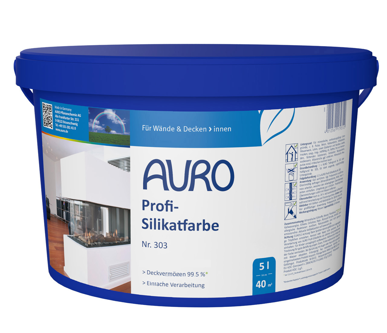 AURO Profi-Silikatfarbe Nr. 303 in weiß im 5 Liter Gebinde – konservierungsmittelfrei, deckstark, langlebig und diffusionsoffen