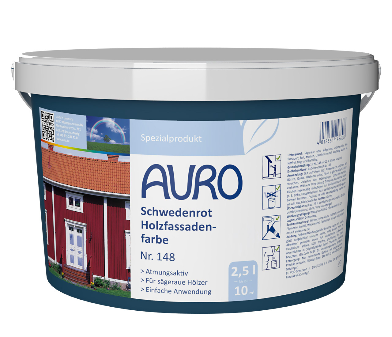 AURO Schwedenrot Holzfassadenfarbe Nr. 148 in 2,5 Liter Dose – oxidrote Farbe für sägeraue Holzfassaden