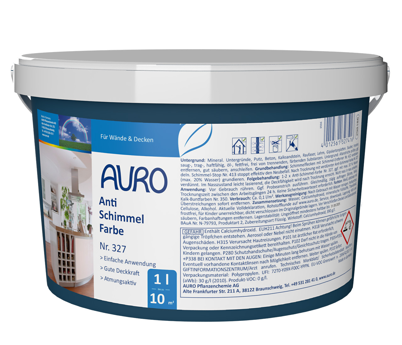 AURO Anti-Schimmel-Farbe Nr. 327 in 1 Liter Gebinde – weiße Innenwandfarbe mit hoher Deckkraft und vorbeugendem Schimmelschutz