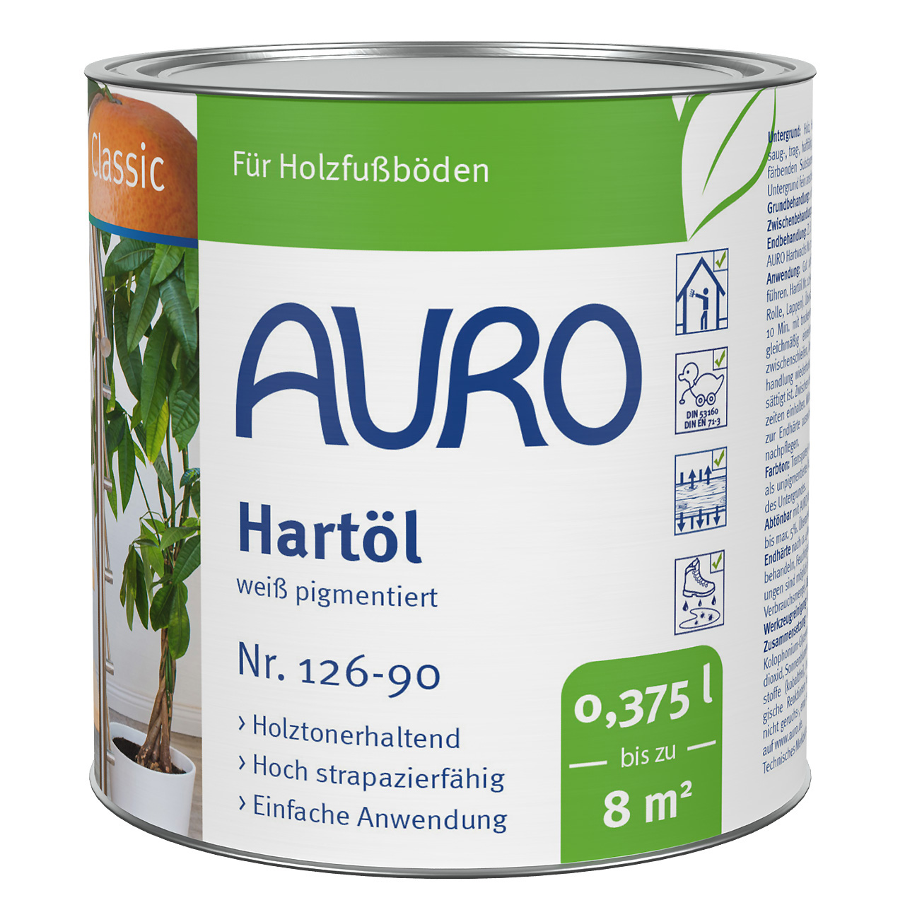 AURO Hartöl, weiß pigmentiert Nr. 126-90 in 0,375 Liter Dose für helle Holzflächen