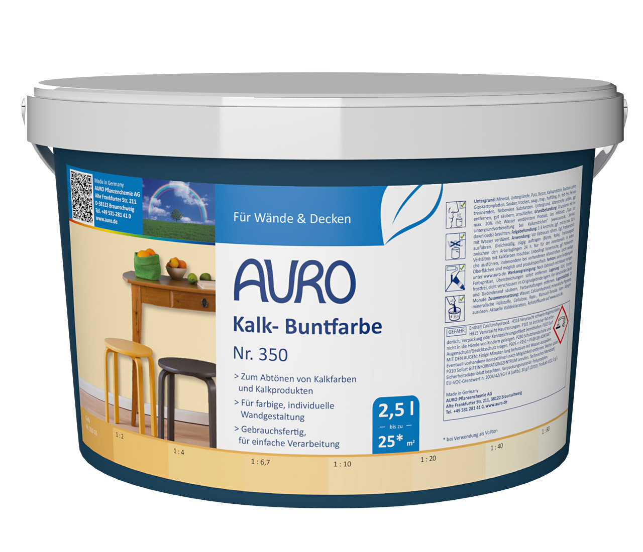 AURO Kalk-Buntfarbe Nr. 350 als 2,5 Liter Gebinde für intensive Farbgestaltung mit Kalkprodukten