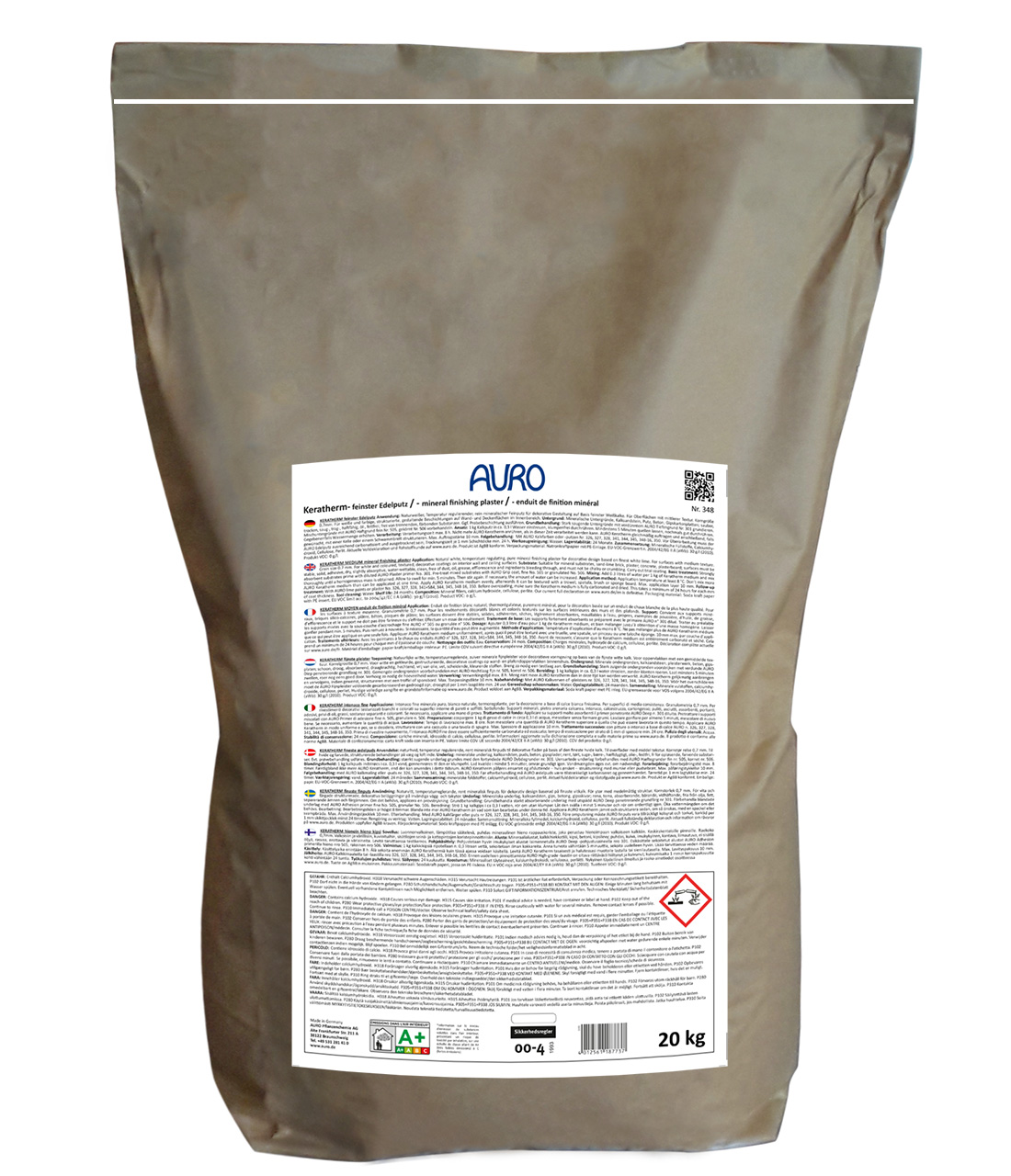 AURO Keratherm, medium Nr. 348 – naturweißer Edelputz im 20 kg Sack zur Gestaltung feiner, temperaturregulierender Wandflächen