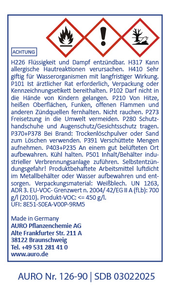 Gefahrenstoff-Symbol Ein Warnhinweis in deutscher Sprache mit Gefahrensymbolen weist darauf hin, dass das Produkt entzündbar ist, Hautallergien verursacht und für Wasserorganismen giftig ist, und enthält ausführliche Sicherheitshinweise und Kontaktinformationen des Unternehme
