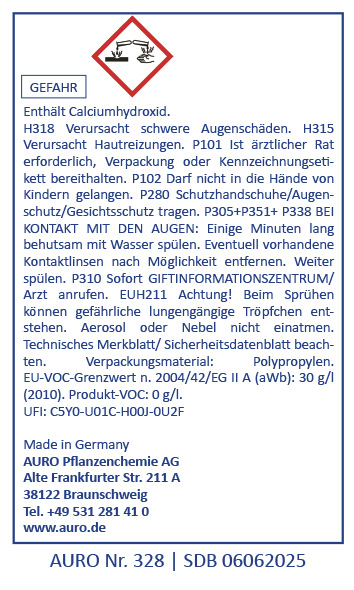  Ein deutsches Sicherheitskennzeichen für Calciumhydroxid. Es enthält ein rotes Gefahrensymbol, Warnhinweise vor Haut- und Augenreizungen, Erste-Hilfe-Anweisungen, Herstellerangaben und Notrufnummern.