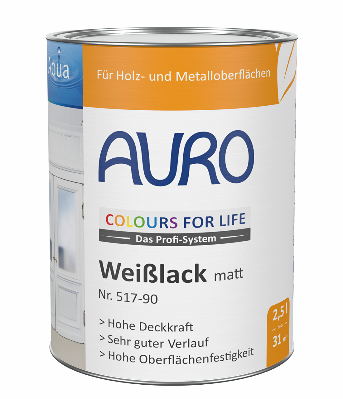 AURO COLOURS FOR LIFE Weißlack, matt im 2,5 Liter Gebinde – ideal für langlebige, matte Oberflächen