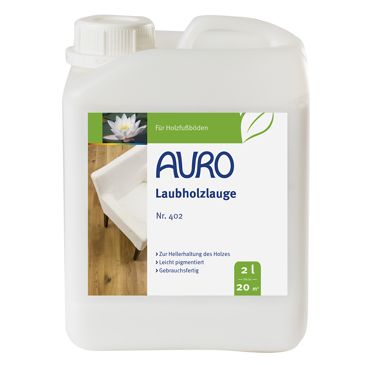 AURO Laubholzlauge Nr. 402 im 2 Liter Kanister – für helle Holzfußböden im skandinavischen Stil geeignet