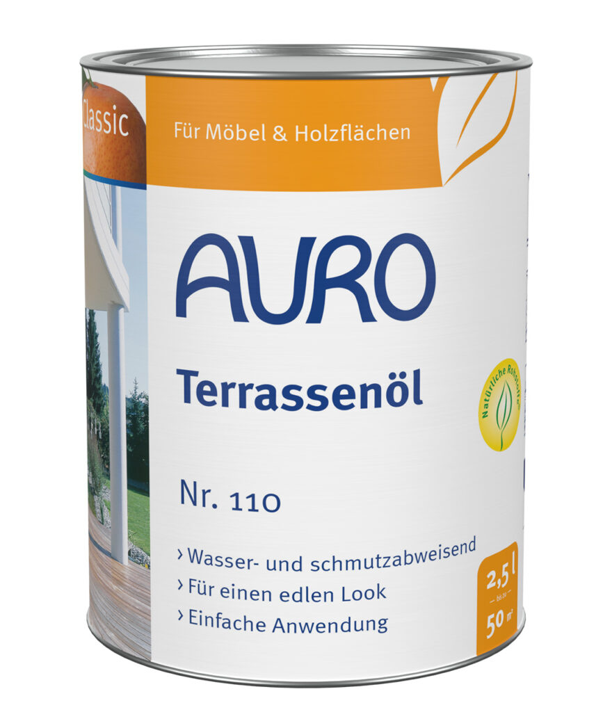 AURO Terrassenöl Nr. 110 – 2,5 Liter Dose für Holzterrassen-Pflege AURO Terrassenöl Nr. 110 in 2,5 Liter Dose – farbgebendes Öl für Holzterrassen