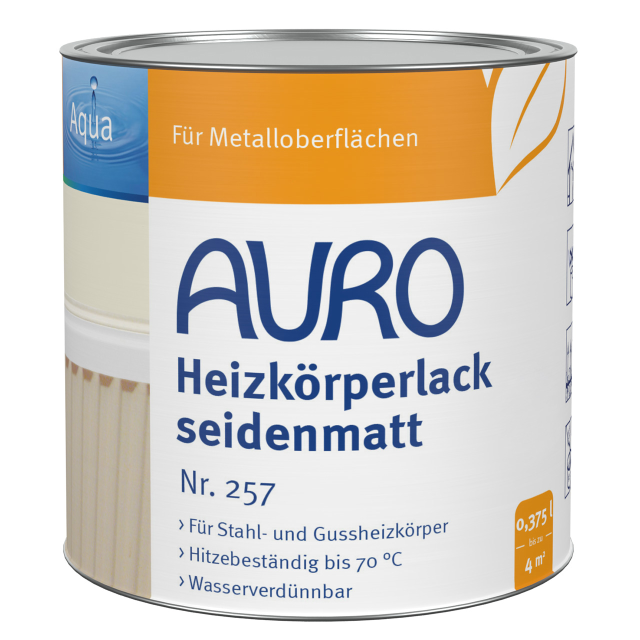 AURO Heizkörperlack Nr. 257 in seidenmatt weiß, 0,375 Liter Dose für Stahl- und Gussheizkörper, lösemittelfrei, hitzebeständig