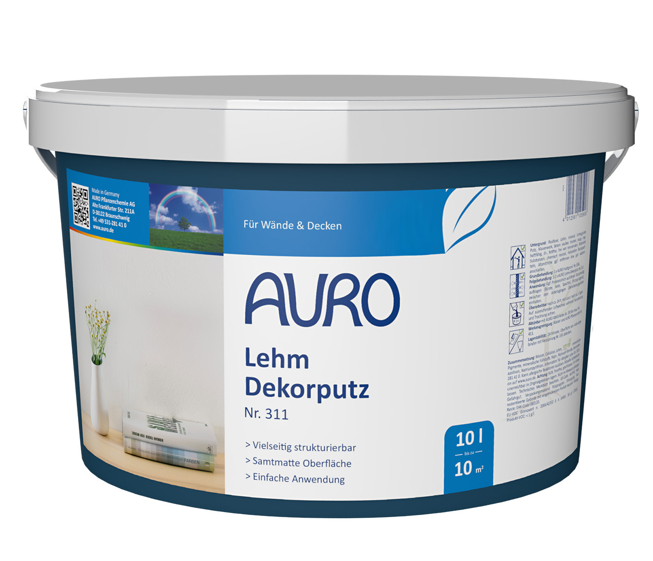 AURO Lehm-Dekorputz Nr. 311 in 10 Liter Gebinde – weißer Dekorputz mit Zellulosefasern für kreative Wandgestaltung