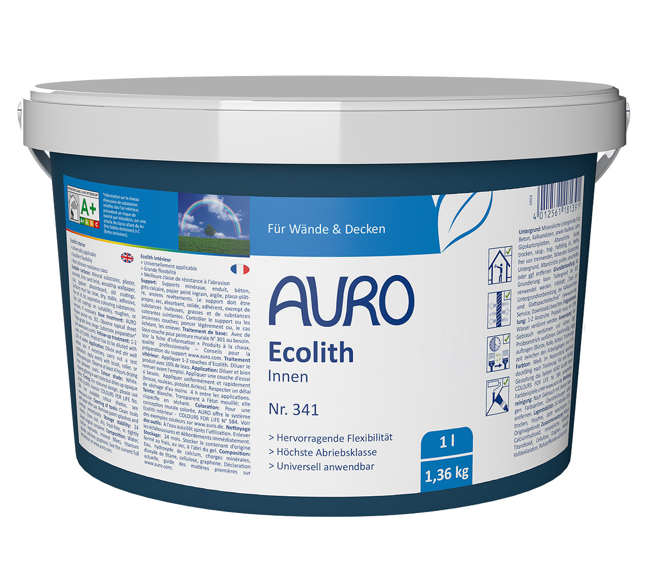 AURO Ecolith Innen Nr. 341, mineralische Wandfarbe in weiß, 1 Liter Gebinde – ideal für Innenwände und Decken