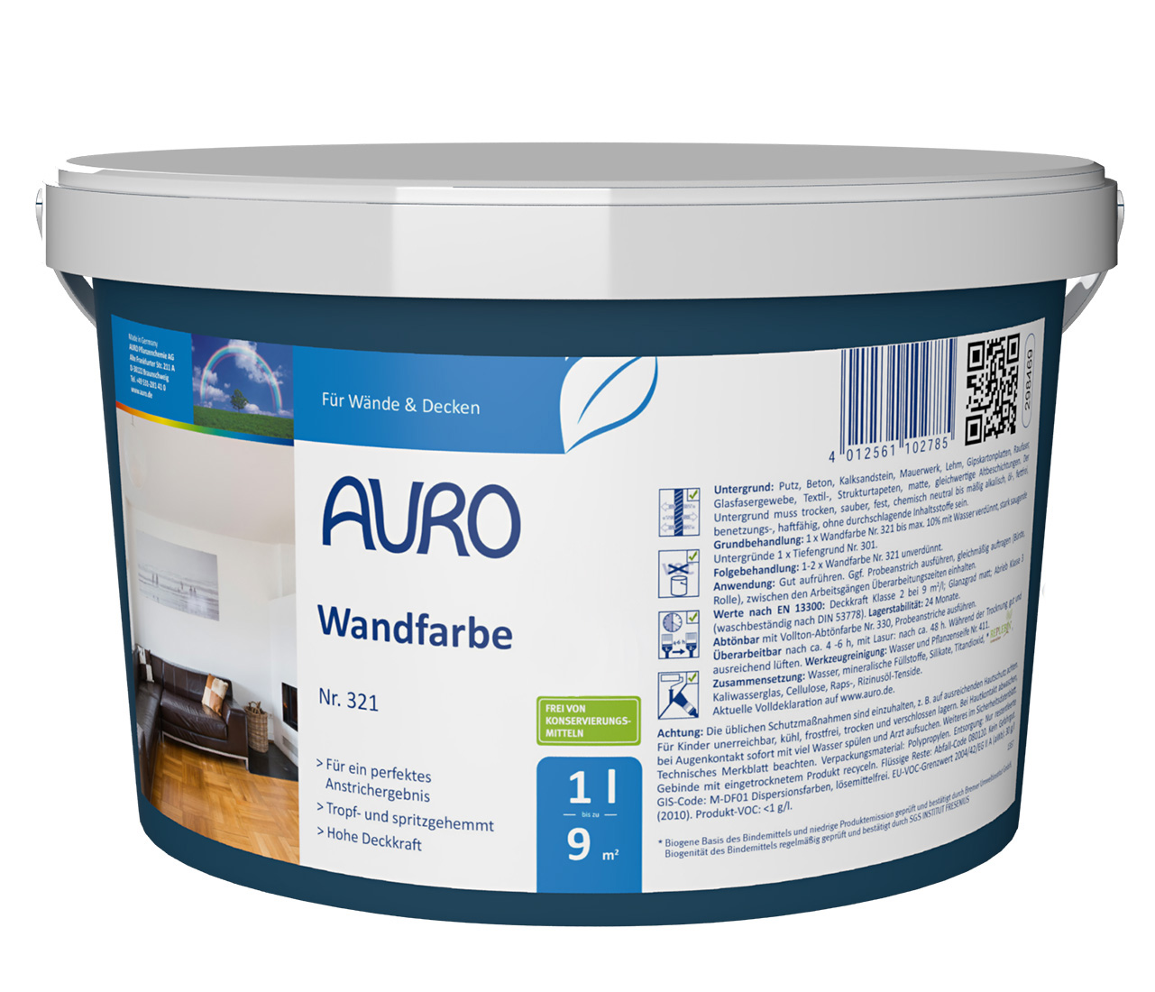 AURO Wandfarbe Nr. 321 in 1 Liter Dose – konservierungsmittelfrei, matt-weiß, mit sehr guter Deckkraft