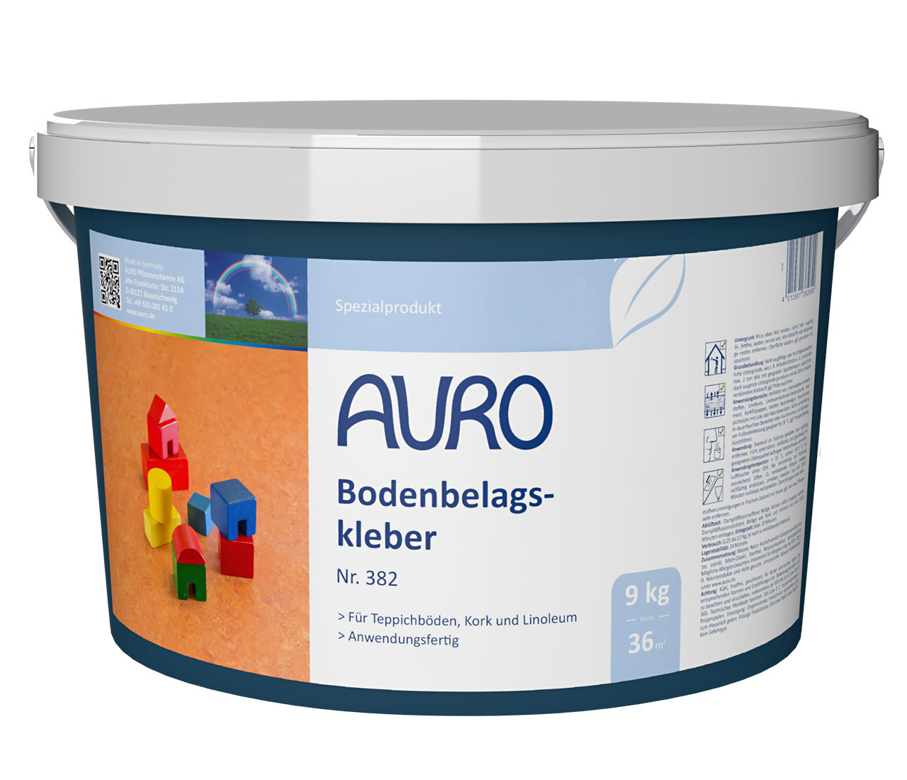 AURO Bodenbelagskleber Nr. 382 im 9 kg Gebinde, ideal für Linoleum, Kork und Naturfaserbeläge im Innenbereich.