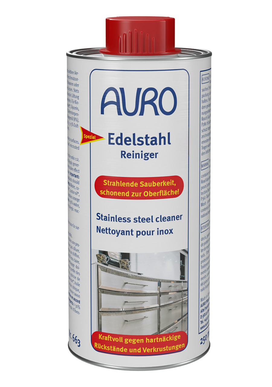 AURO Edelstahl-Reiniger Nr. 663 in 0,25 Liter Blechflasche zur schonenden Reinigung von Spülen, Töpfen und Herdplatten.