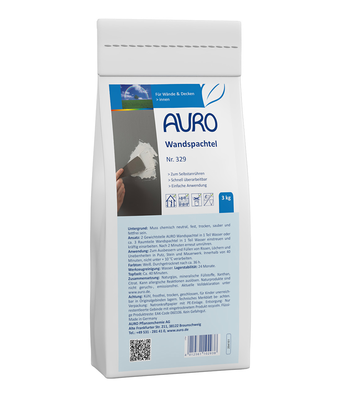 AURO Wandspachtel Nr. 329 im 3 kg Sack – für die einfache Wandvorbereitung vor dem Streichen oder Tapezieren