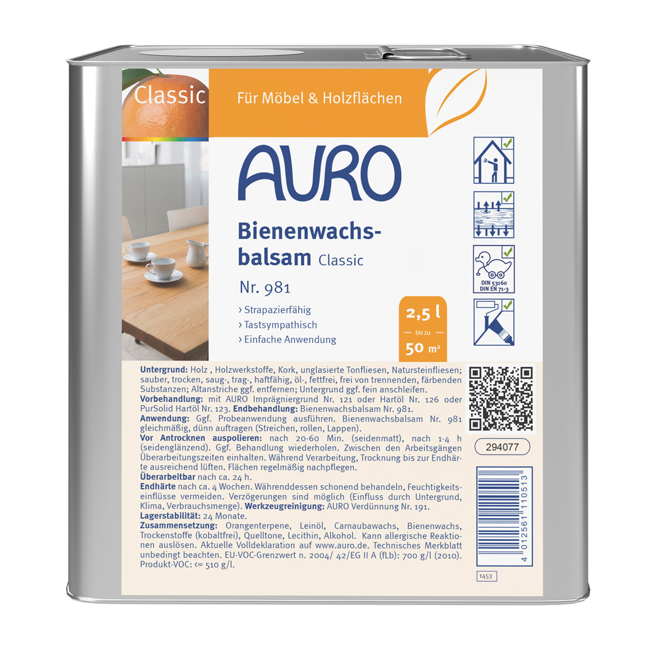 AURO Bienenwachsbalsam Nr. 981 im 2,5 Liter Kanister zur Behandlung großer Holzflächen innen
