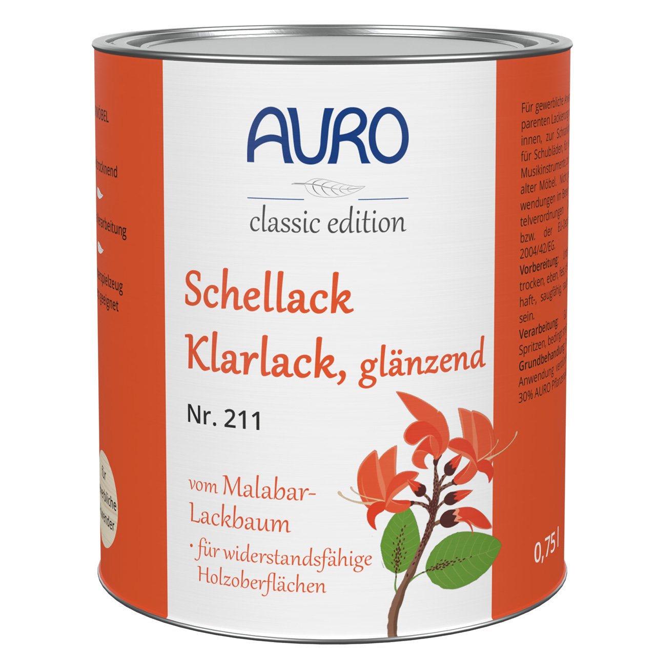 AURO Schellack-Klarlack, glänzend in 0,75 Liter Dose – hochwertiger Lack für Holzmöbel, Instrumente und Restaurierungen