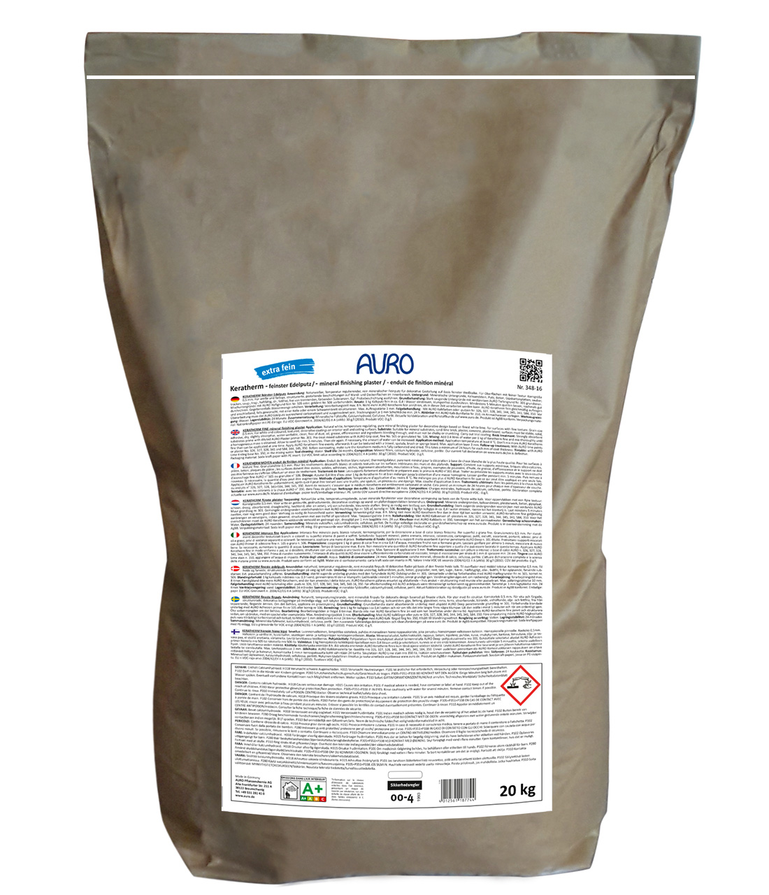 AURO Keratherm, fein Nr. 348-16 als 20 kg Sack – feiner Kalkputz für wohngesundes, schimmelresistentes Raumklima