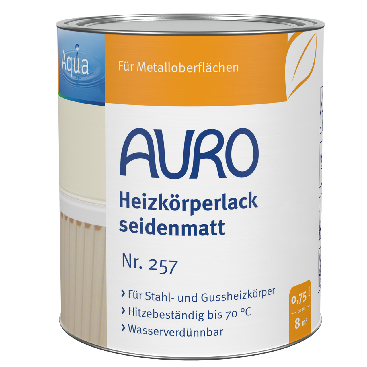 AURO Heizkörperlack Nr. 257 seidenmatt weiß in 0,75 Liter Dose, geruchsarm, schnell trocknend, witterungsbeständig