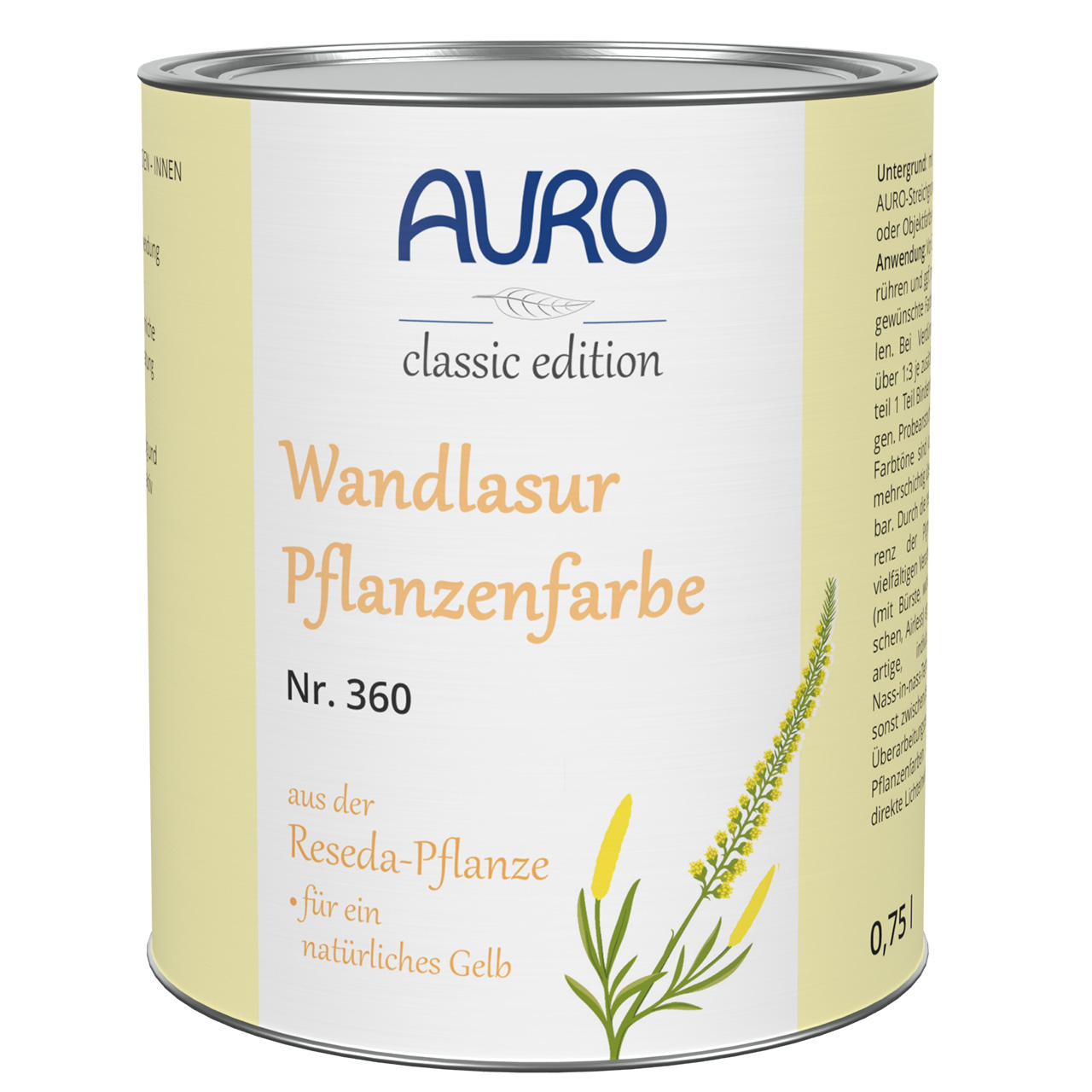 AURO Wandlasur-Pflanzenfarbe Nr. 360 in Reseda-Gelb, 0,75 Liter Dose – sanfte Pflanzenlasur für individuelle Wände