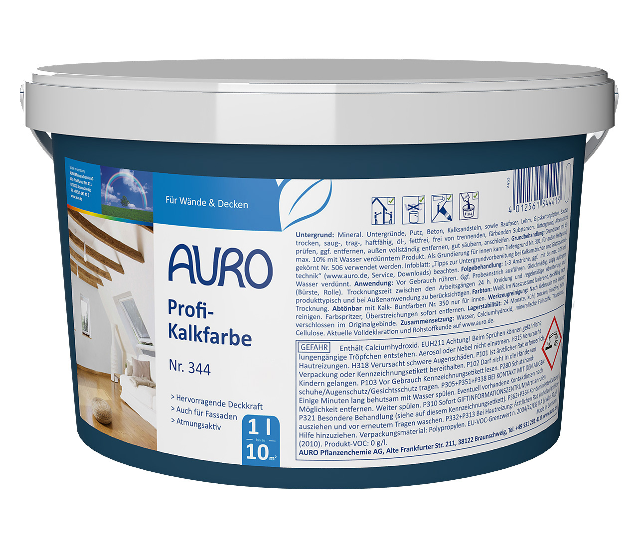 AURO Profi-Kalkfarbe Nr. 344, 1 Liter Gebinde – mineralische Innenfarbe auf Sumpfkalkbasis, ideal für gesundes Raumklima