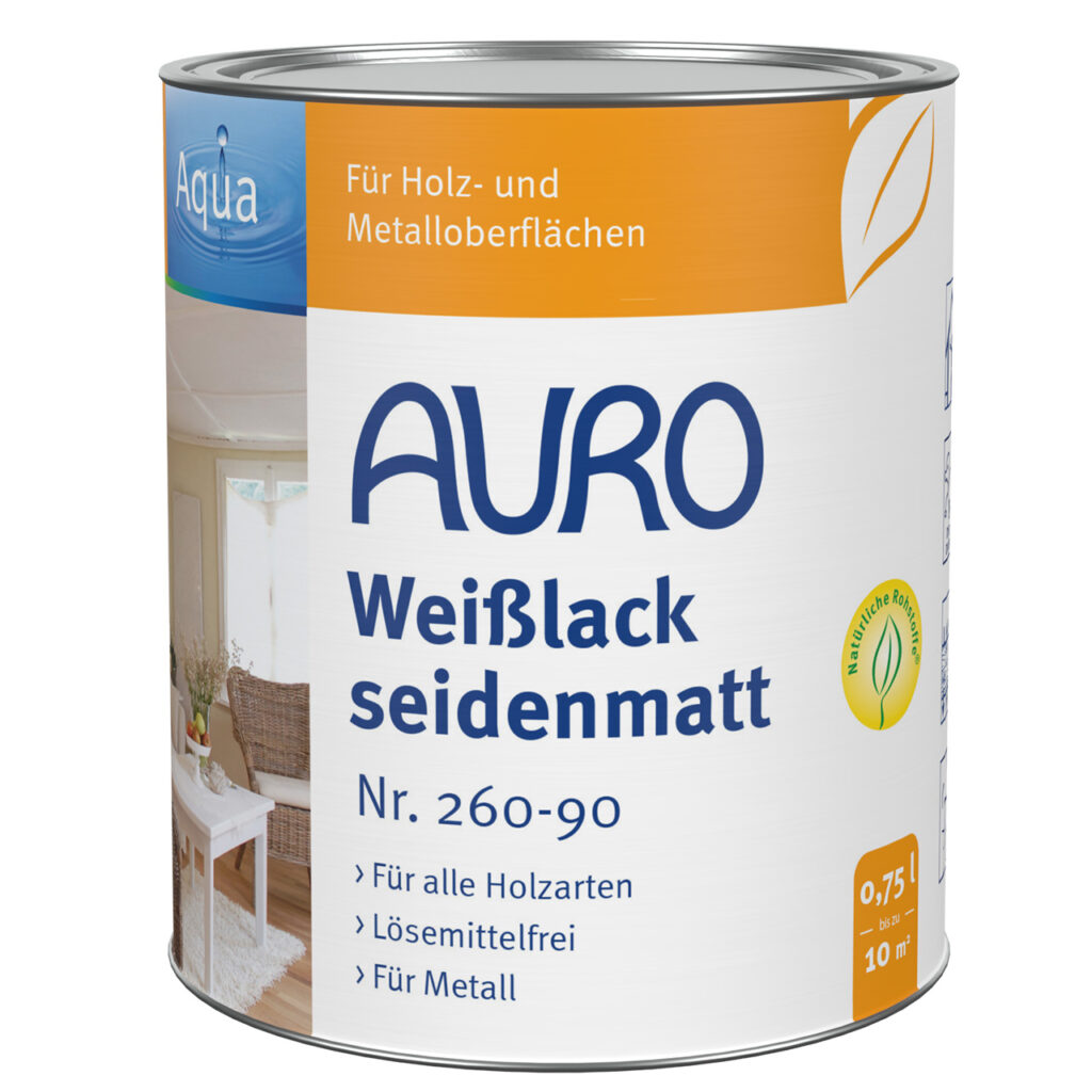 AURO Weißlack, seidenmatt, Aqua Nr. 260-90 in 0,75 Liter Dose – speichel- und schweißbeständig, ideal für Spielzeug