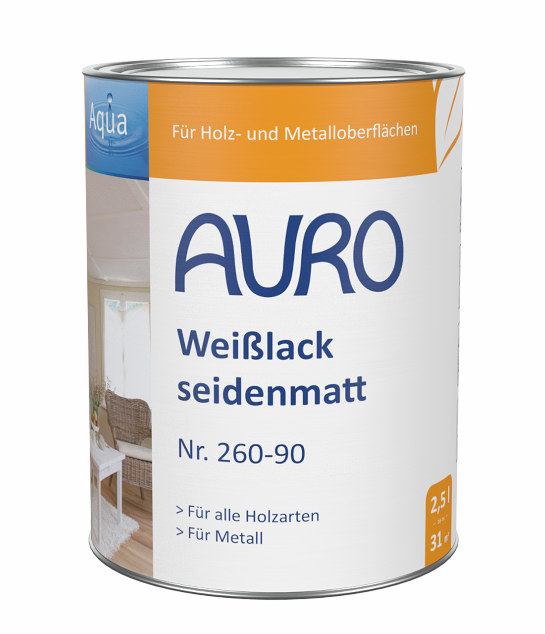 AURO Weißlack, seidenmatt, Aqua Nr. 260-90 in 2,5 Liter Dose – lösungsmittelfrei, für große Flächen im Innenbereich