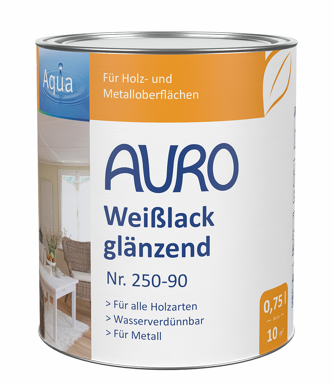 AURO Weißlack glänzend Nr. 250-90 als 0,75 Liter Dose – lösemittelfrei und wetterbeständig