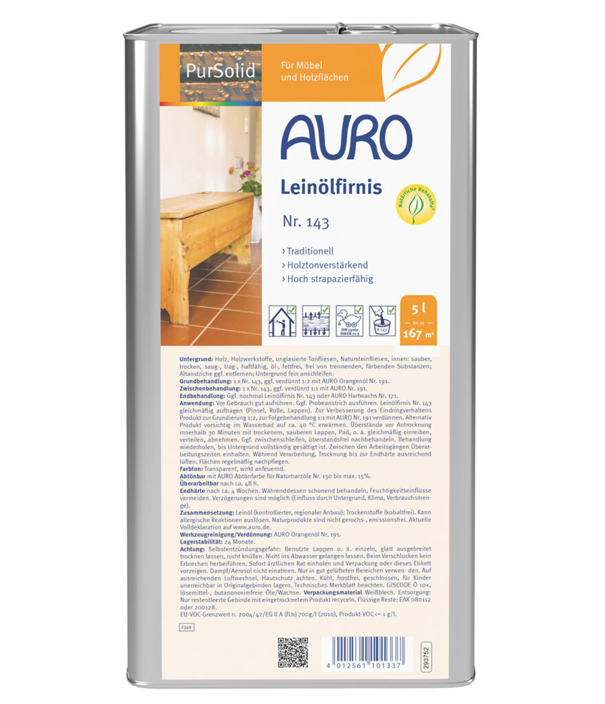 AURO Leinölfirnis Nr. 143 – Holzöl 5 Liter Kanister AURO Leinölfirnis Nr. 143 im 5 Liter Kanister – natürliche Holzpflege für große Flächen