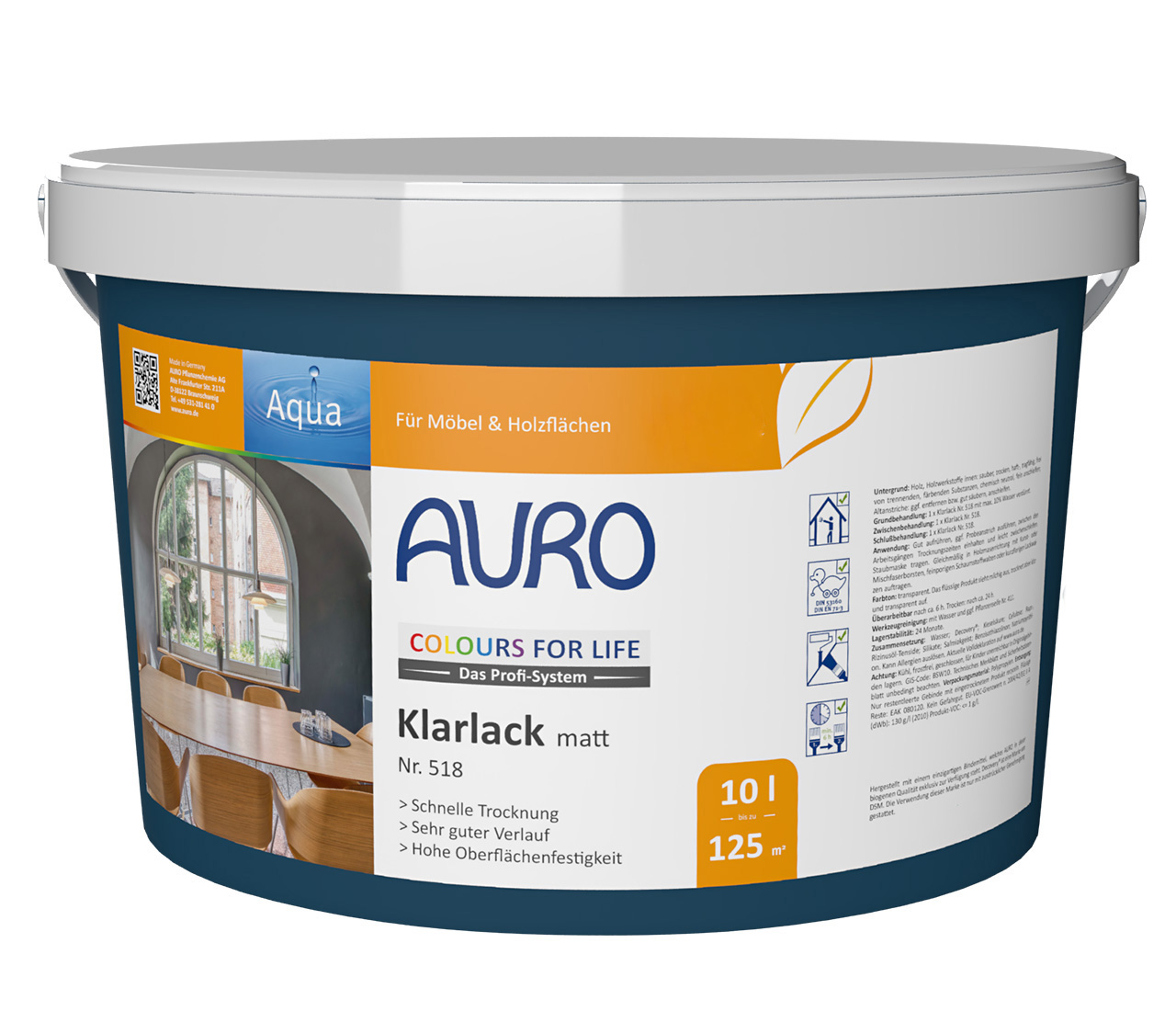 AURO COLOURS FOR LIFE Klarlack, matt Nr. 518 als 10 Liter Gebinde für großflächige Holzobjekte innen