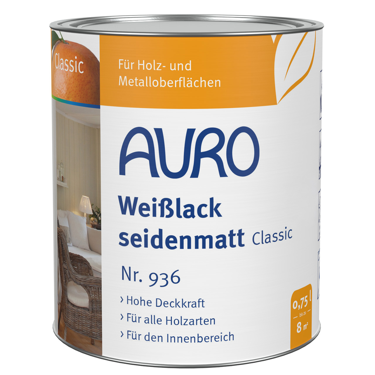 AURO Weißlack, Classic Nr. 936 in seidenmatt als 0,75 Liter Dose – für Holz und Metall im Innenbereich geeignet