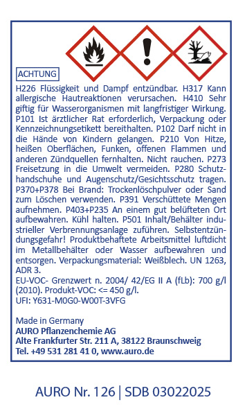 Gefahrenstoff-Symbol Deutsches Chemikaliensicherheitsetikett mit Warnsymbolen für Entzündlichkeit, Gesundheitsgefahr und Umweltgefährdung. Enthält Warnhinweise, Herstellerinformationen (AURO) und Sicherheitsanweisungen in deutscher Sprache.