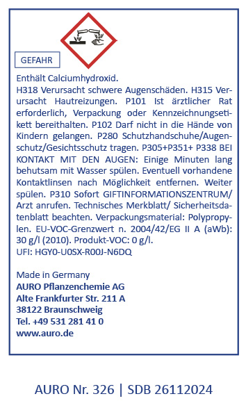 Ein deutsches Sicherheitsetikett für Chemikalien mit einem roten Gefahrensymbol und Warnhinweisen zu Calciumhydroxid, einschließlich der Gefahr schwerer Augenschäden und Hautreizungen. Herstellerinformationen und Notfallanweisungen sind ebenfalls enthalte