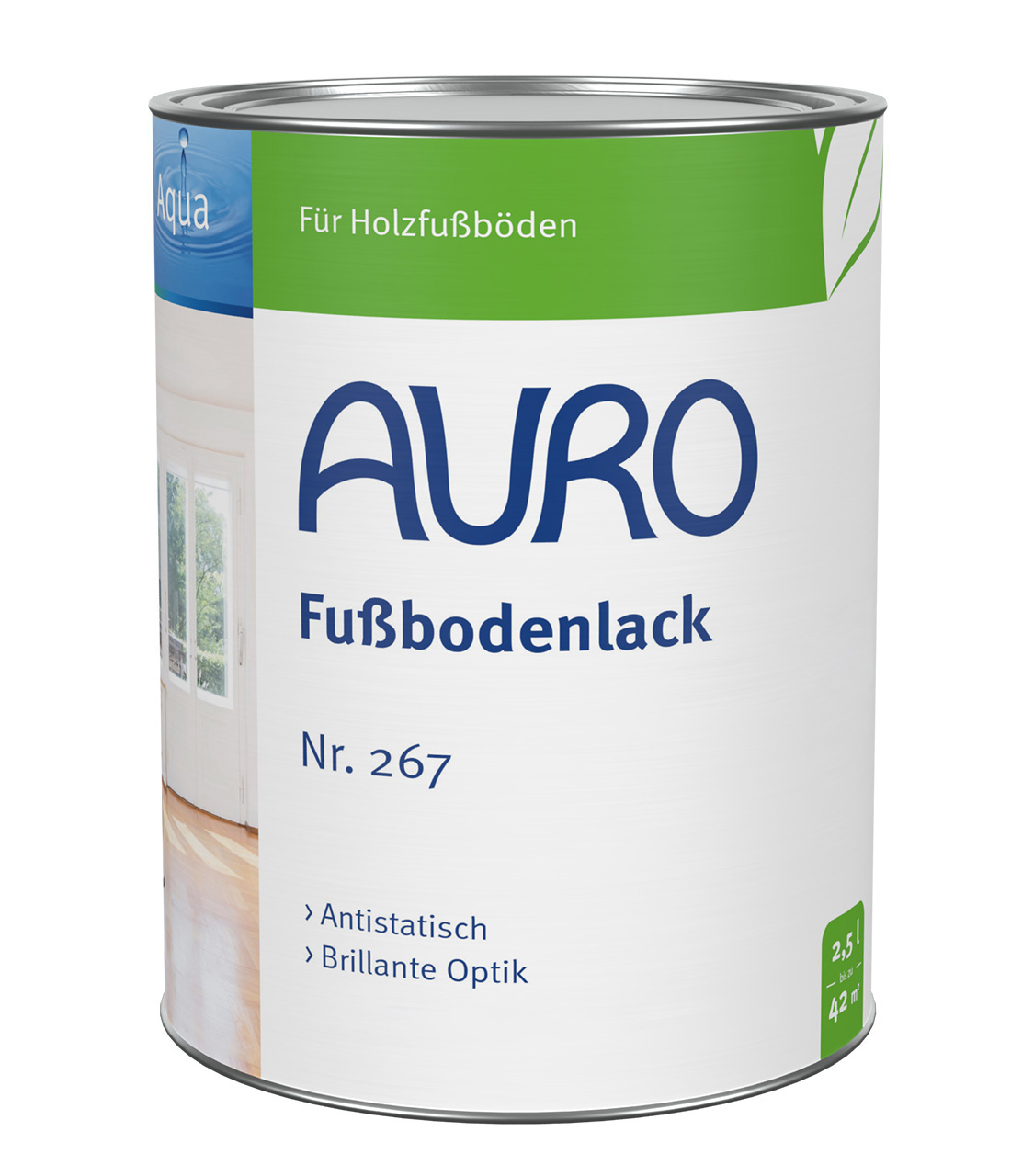 AURO Fußbodenlack Nr. 267 in 2,5 Liter Dose für lösemittelfreien, rutschfesten Holzschutz