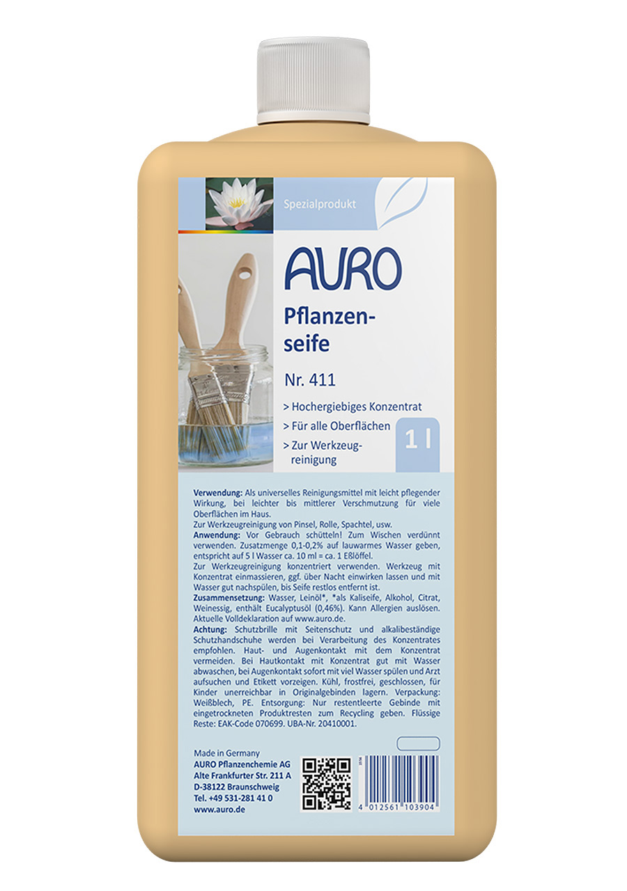 AURO Pflanzenseife Nr. 411 in 1 Liter Blechflasche zum Reinigen von Malerwerkzeugen nach Aqua-Produkten