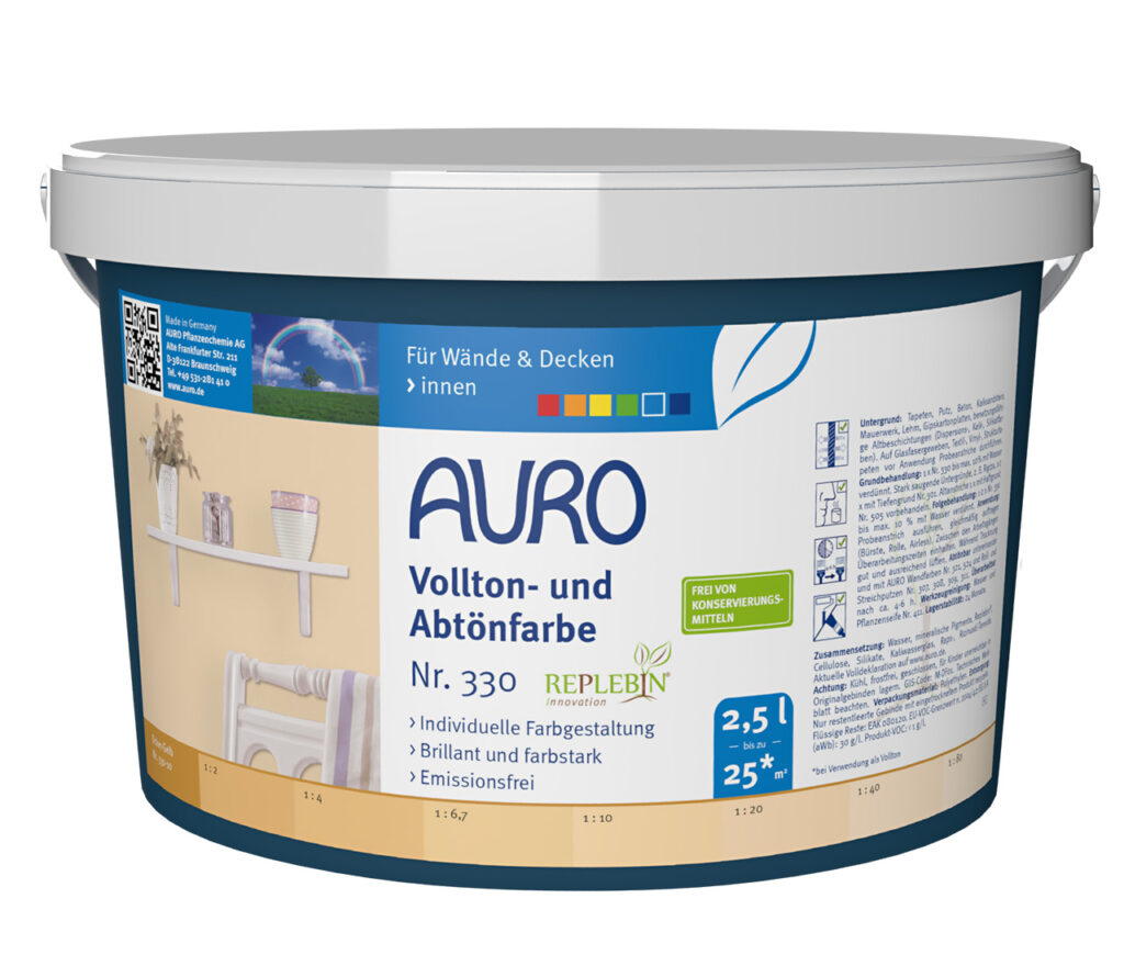 AURO Pflanzenchemie Vollton- und Abtönfarbe, 2,5L – Intensive Wand- & Deckenfarbe. Natürliche Rezeptur, vielseitig einsetzbar. Mit Farbkennzeichnung, Details auf Deutsch, und hellgrauem Deckel für einfache Anwendung.