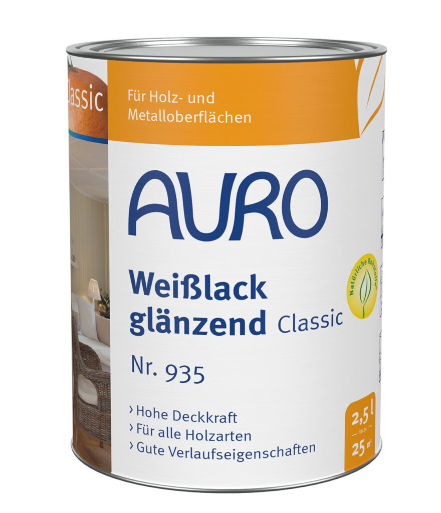 AURO Weißlack, Classic Nr. 935 in 2,5 Liter Dose, glänzend, vielseitig einsetzbar für Holz- und Metallflächen