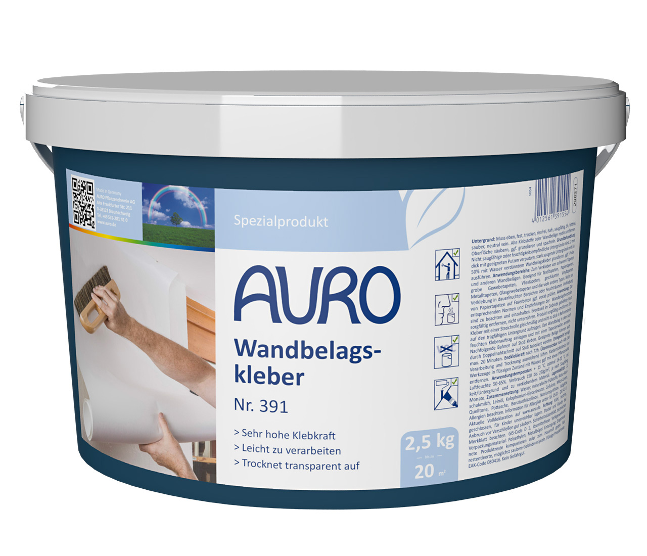 AURO Wandbelagskleber Nr. 391 im 2,5 kg Gebinde für schwere Tapeten und Wandbeläge, mit hoher Klebkraft und transparenter Trocknung