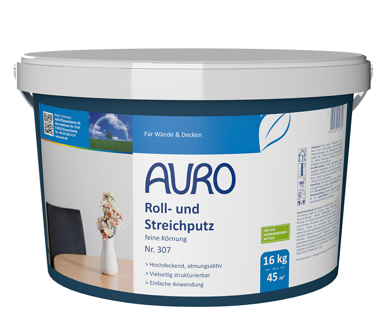 AURO Roll- und Streichputz Nr. 307 als 16 kg Gebinde – konservierungsmittelfreier Putz mit feiner Körnung für kreative Wandgestaltung