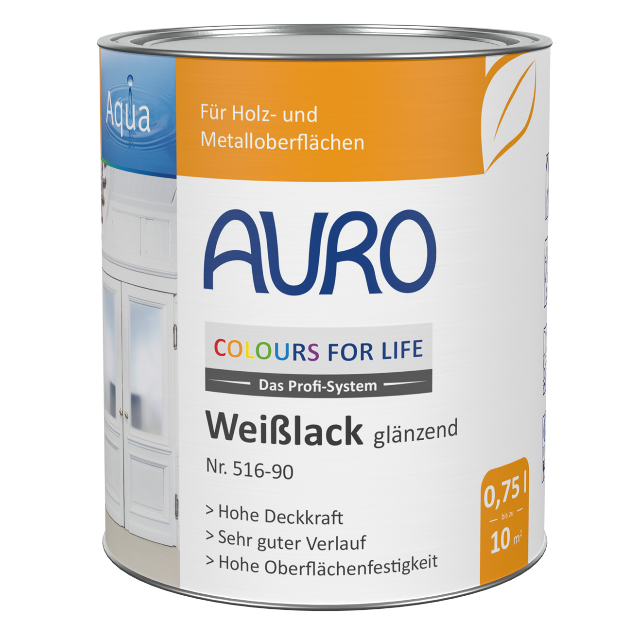 AURO COLOURS FOR LIFE Weißlack glänzend Nr. 516-90, 0,75 Liter Dose für hochwertige Anstriche innen und außen