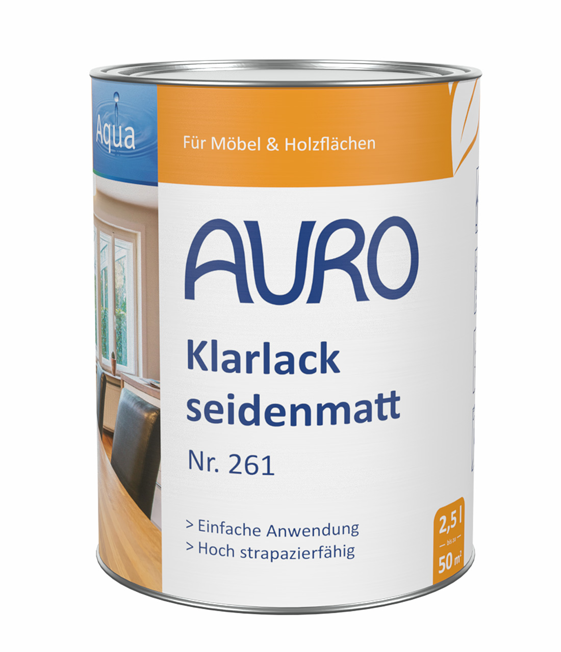 AURO Klarlack seidenmatt Nr. 261 in 2,5 Liter Dose, lösemittelfrei für Holzobjekte innen