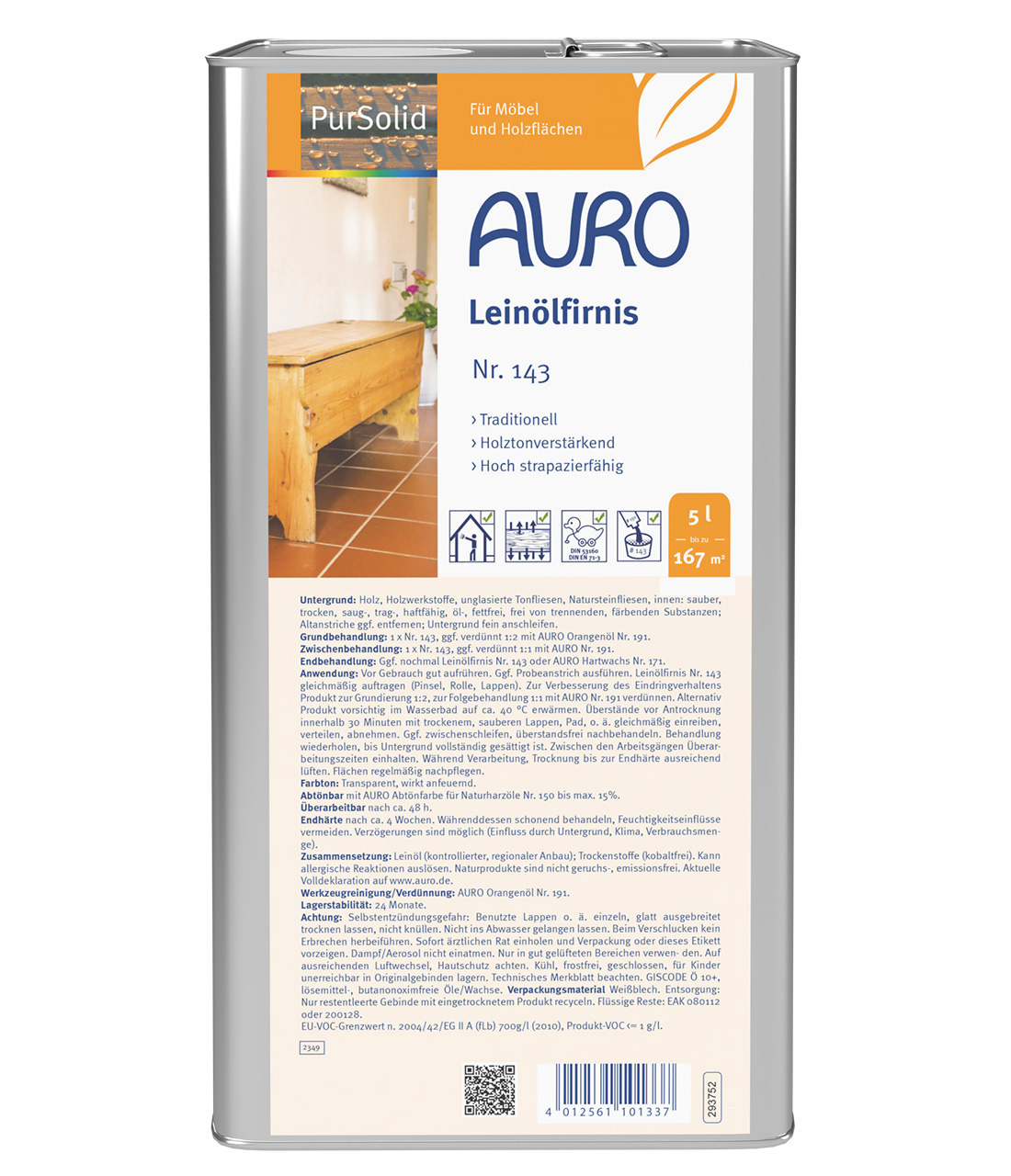 AURO Leinölfirnis Nr. 143 im 5 Liter Kanister – natürliche Holzpflege für große Flächen